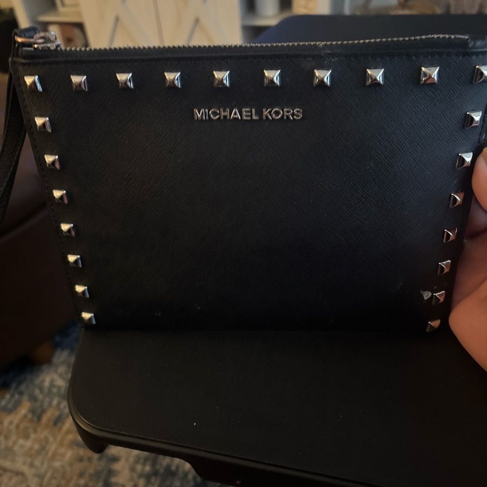 Michael Kors Black Leather Clutch with Silver Accents